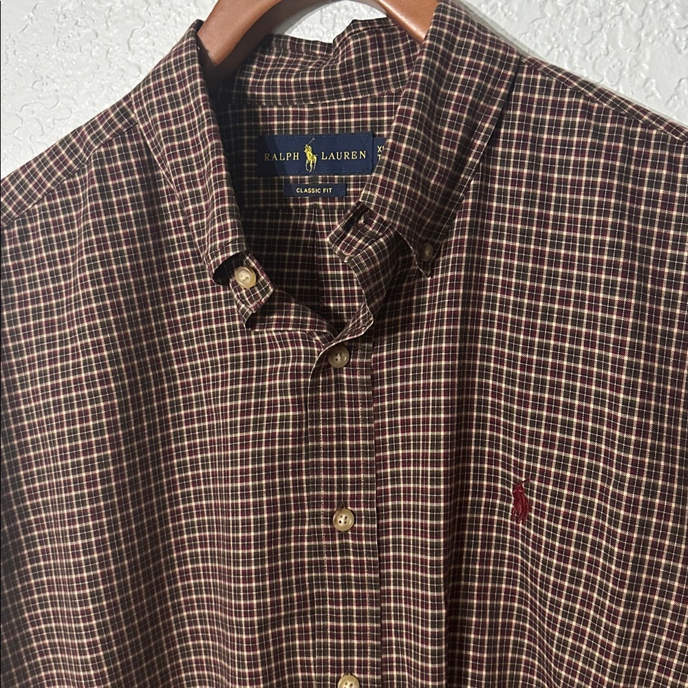 Ralph Lauren Men Classic‎ Fit Dark Brown Plaid Button Down Shirt Size XL
